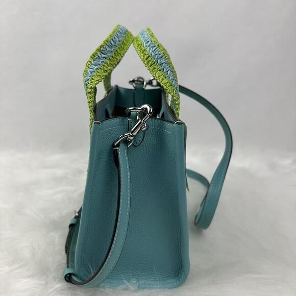 Coach Smith Tote 24 Crossbody In Leather/ Straw Webbing Light Turquoise CBG91 - Picture 4 of 11